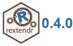 The rextendr logo, letter R in middle of gears.